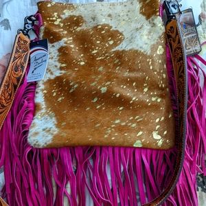 American Darling gold splatter cowhide and pink fridge bag